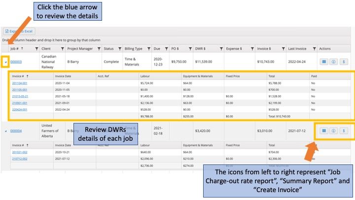 Active Job Dashboard - DWR and Invoice Details