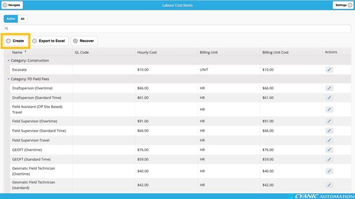 Administration Settings - Labour Cost Items View