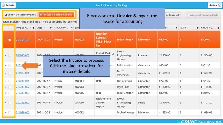 Invoicing a Time & Materials Job - Invoices - Invoice Processing Backlog - Select Invoices