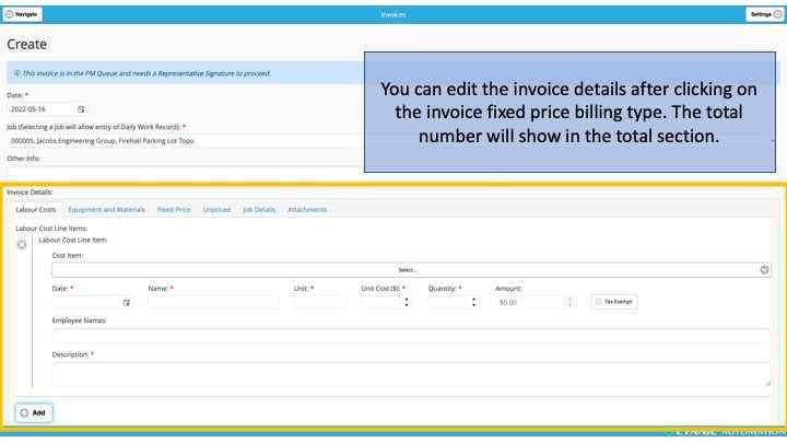 Invoicing a Fixed Price Job - Invoice Details