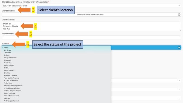 Job Setup - Project Name, Project Status