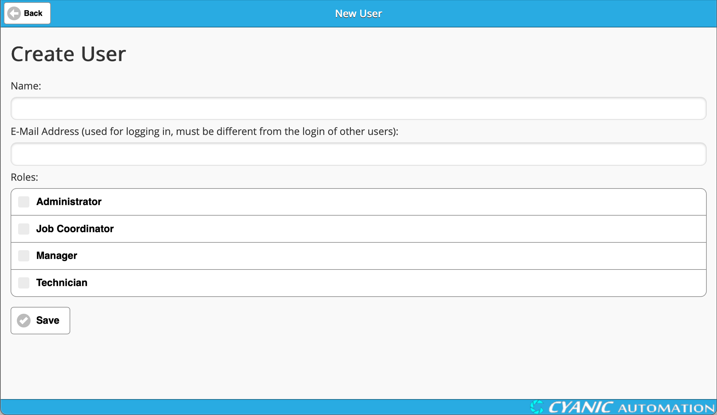 Adding users and setting roles - set user name, email and roles