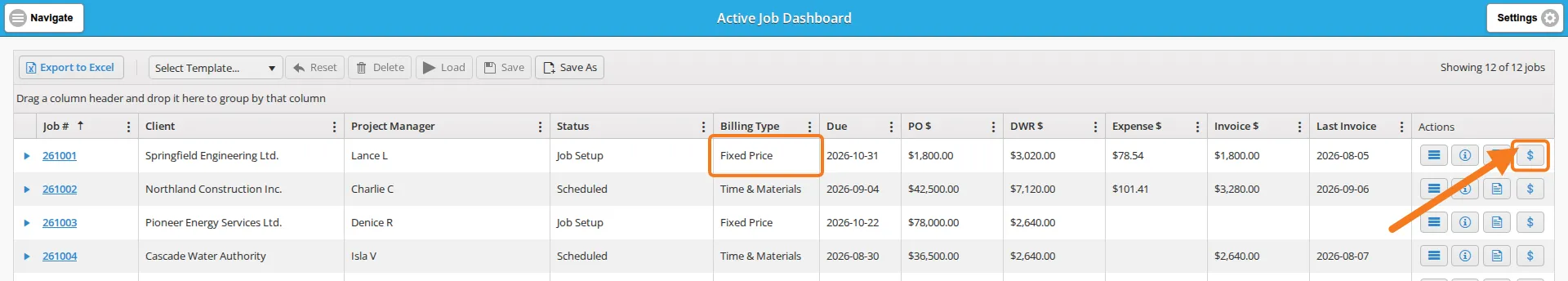 The top rows of the Active Job Dashboard, with a Fixed Price billing type cell and that row's Create Invoice icon marked