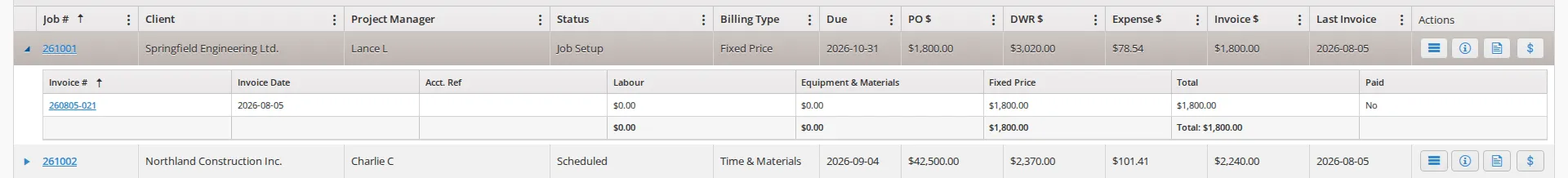 A job row expanded to show the invoices linked to the job