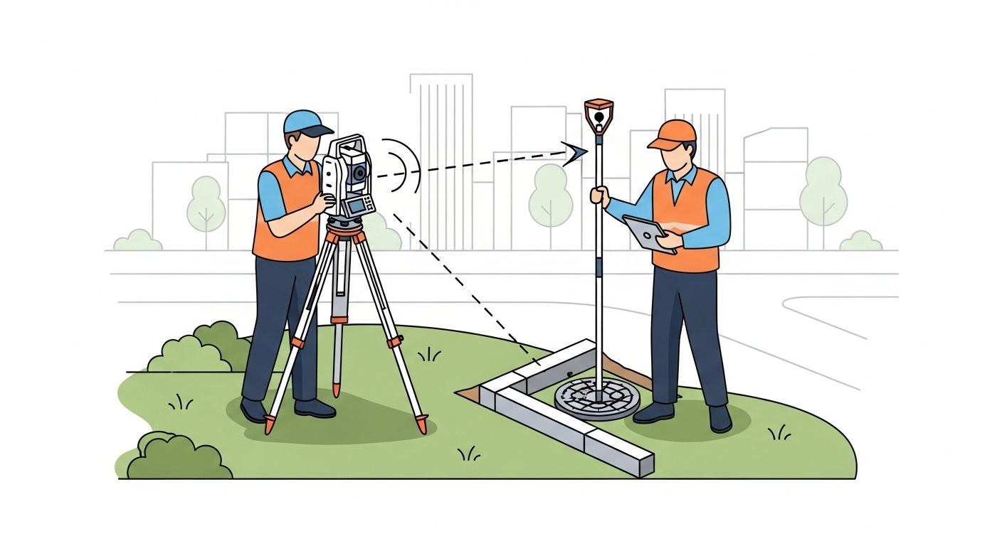 Surveyor capturing as‑built measurements on a construction site with a total station