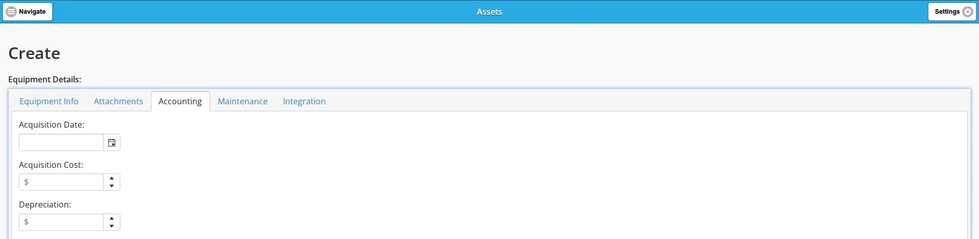 The Accounting tab of the blank asset form