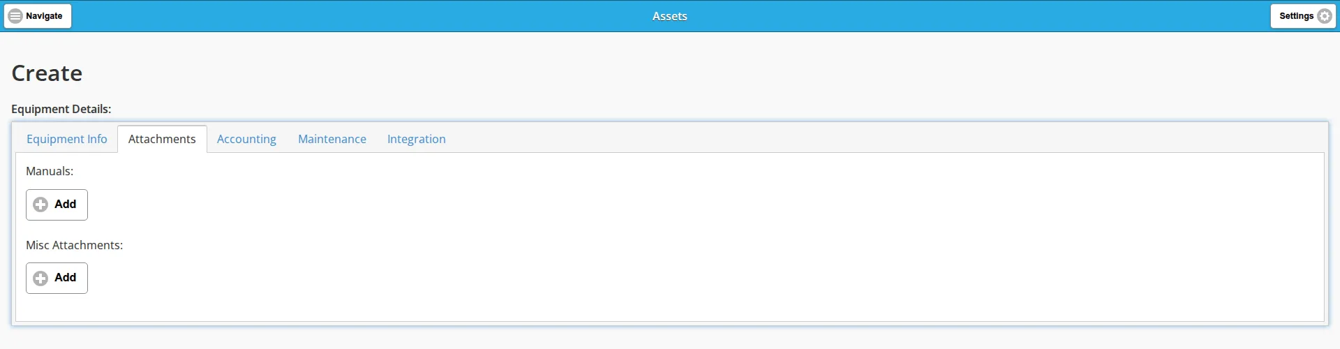 The Attachments tab of the blank asset form