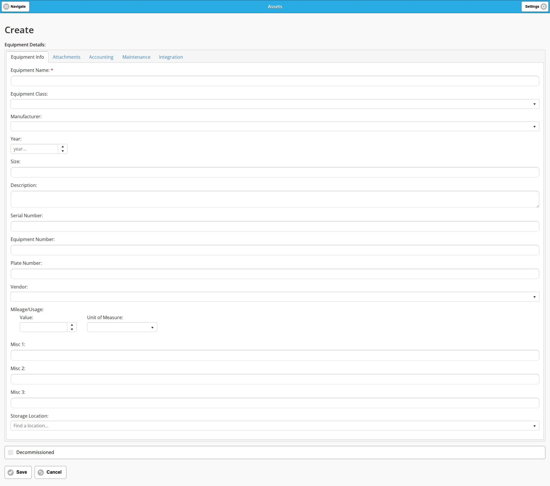 The Equipment Info tab of the blank asset form