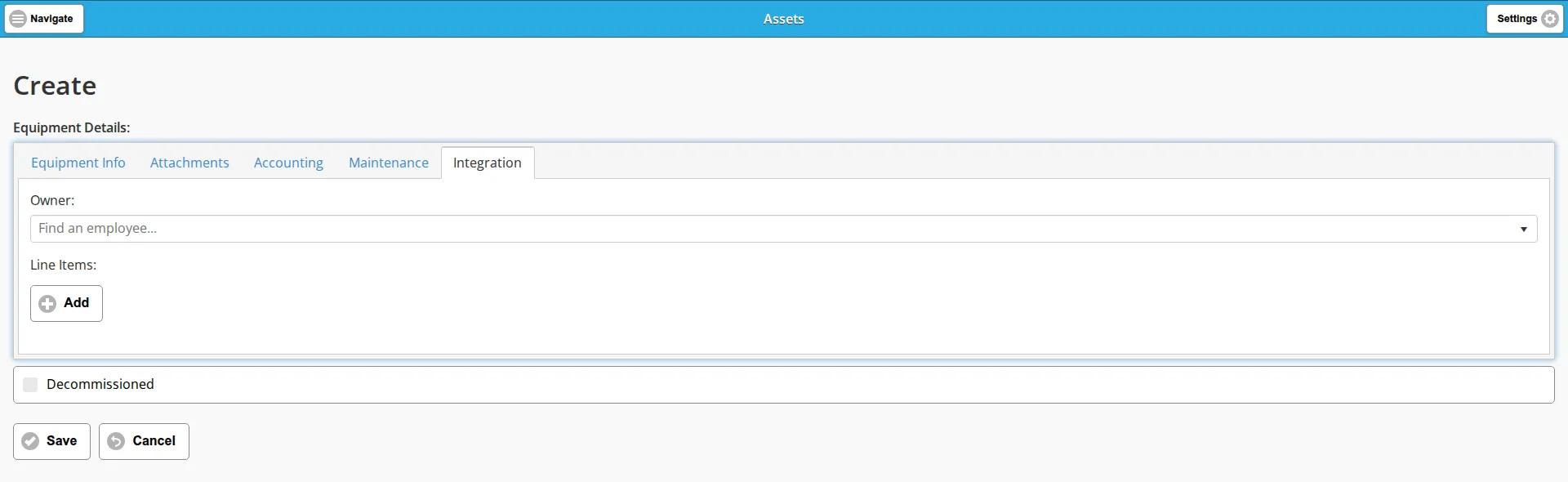 The Integration tab of the blank asset form