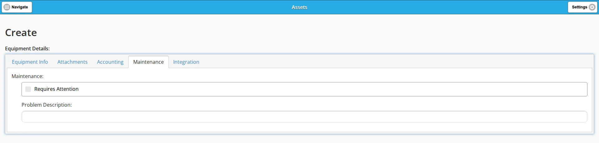 The Maintenance tab of the blank asset form
