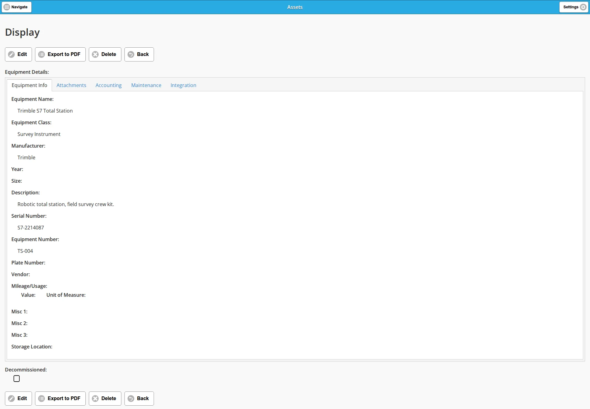 The display view of an asset, open on the Equipment Info tab