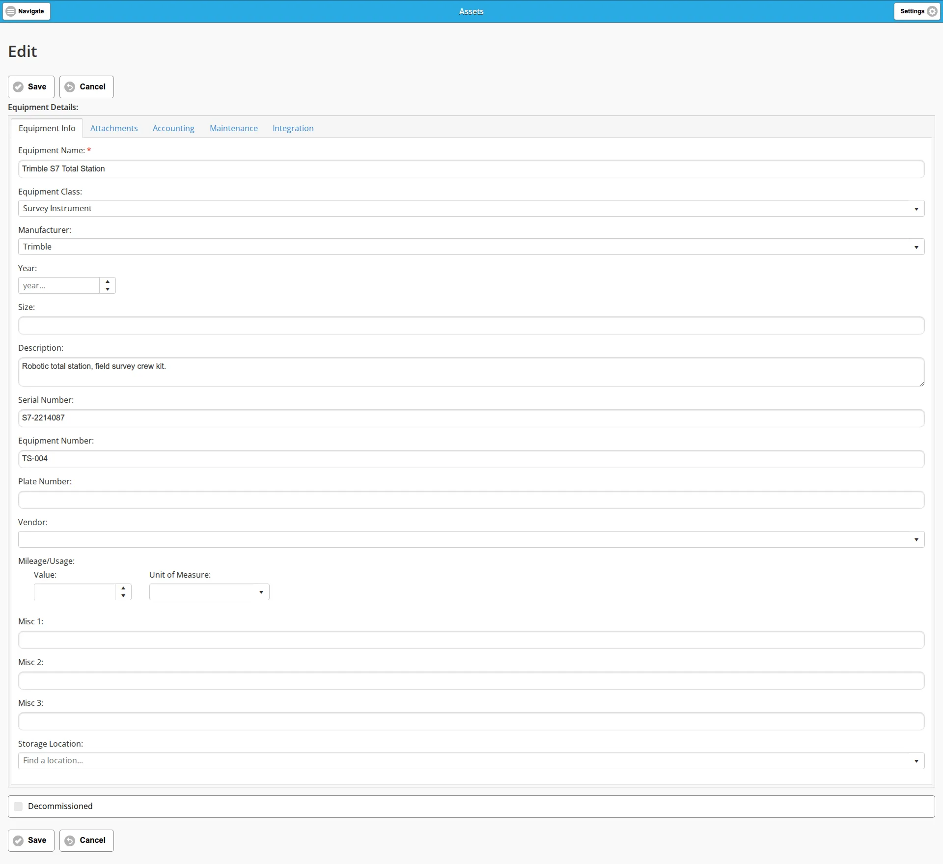 An asset open for editing, on the Equipment Info tab