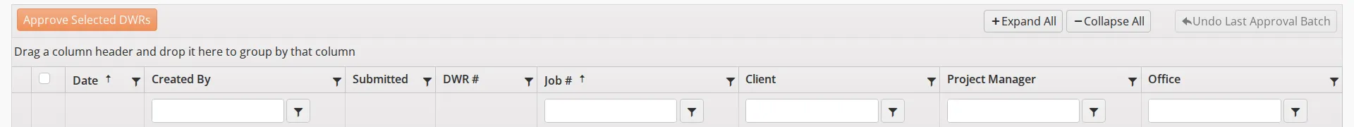 The toolbar, grouping bar and column headers of the DWR Approval Backlog