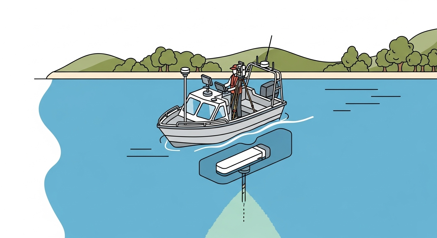 A surveyor on a boat performing a bathymetric survey