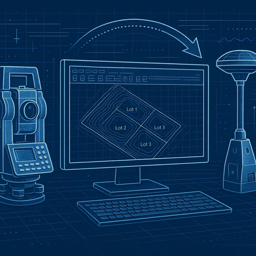 A blueprint-style illustration showing the land surveying workflow, from data collection with a total station and GNSS receiver to drafting a subdivision plan in CAD software.