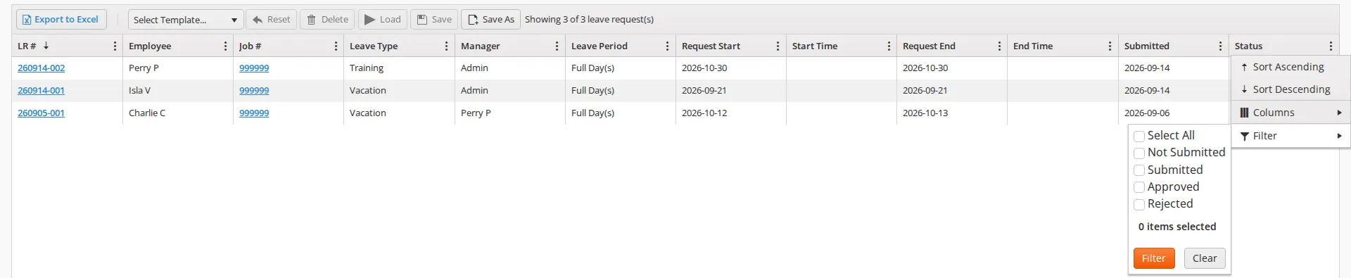 The Status column filter on the Leave Request Report, a checklist of Select All, Not Submitted, Submitted, Approved and Rejected
