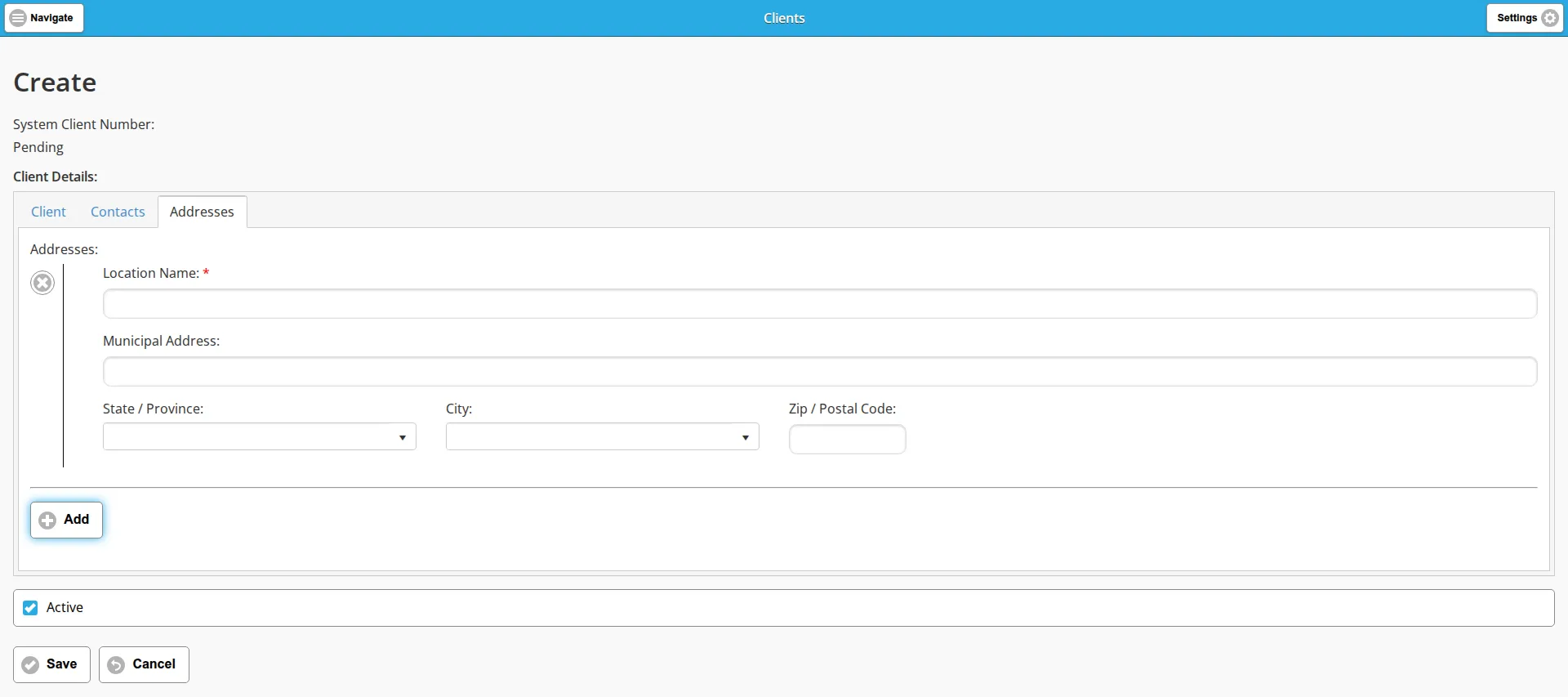 The Addresses tab of the client create form with one address row added, and the Active checkbox and the Save and Cancel buttons below it
