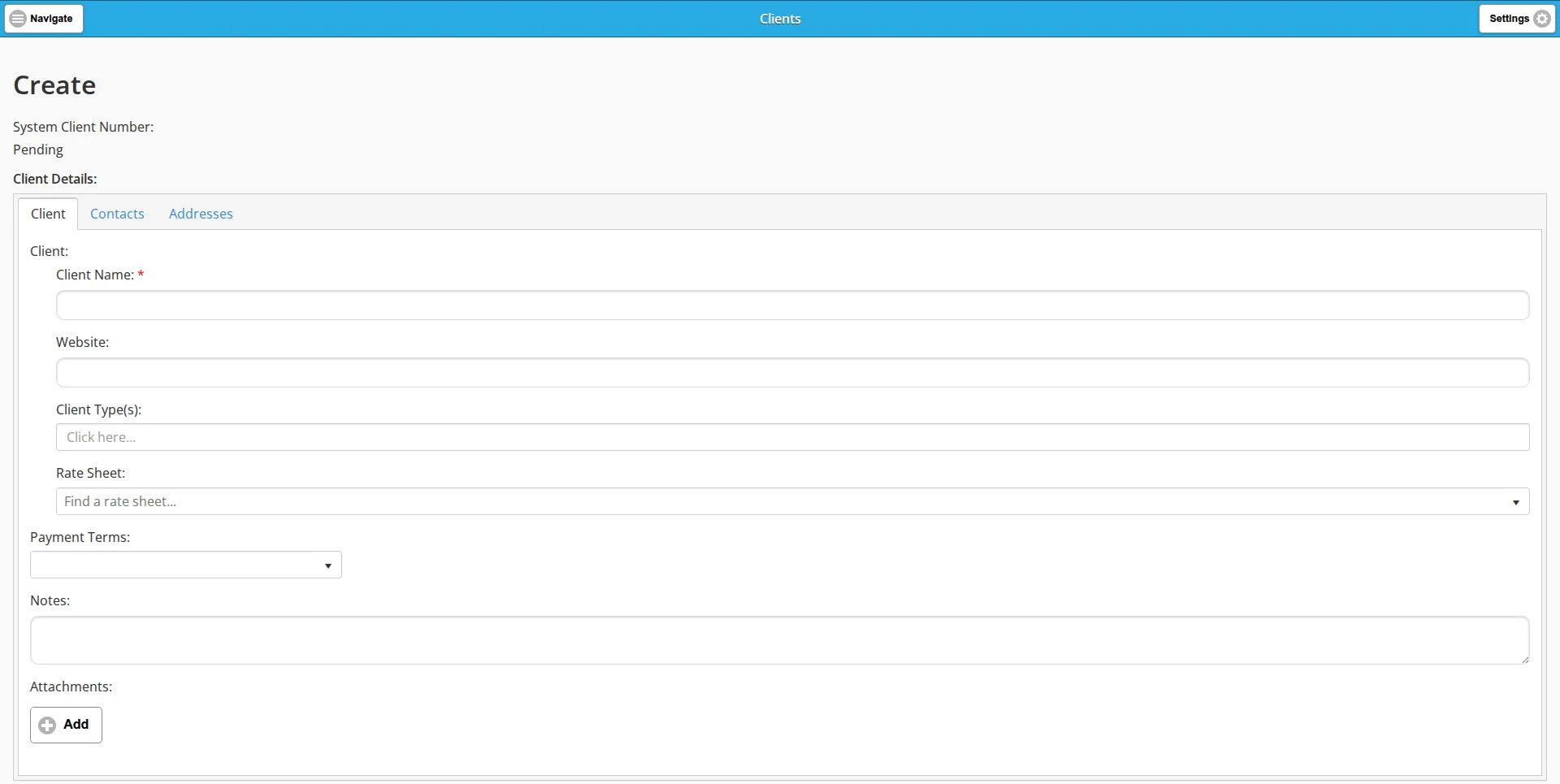 The Client tab of the client create form
