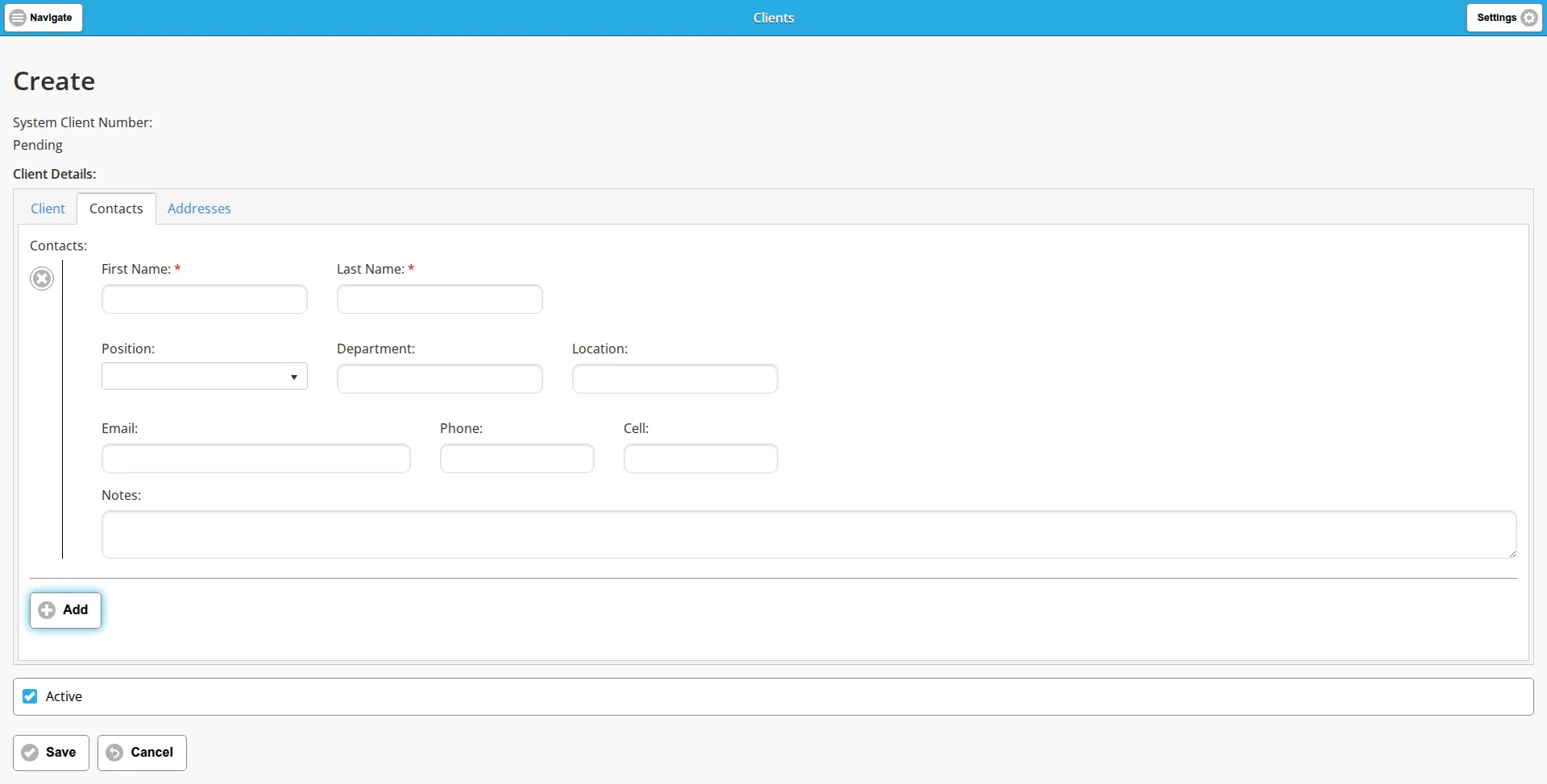 The Contacts tab of the client create form with one contact row added