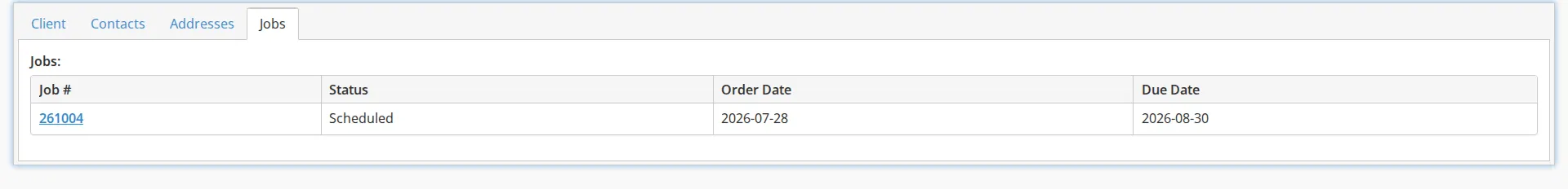 The Jobs tab on a client's display view