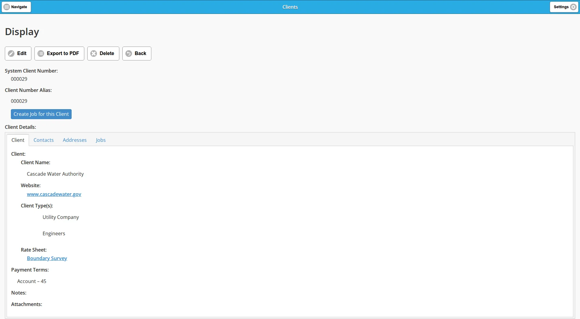 The display view of a client, open on the Client tab