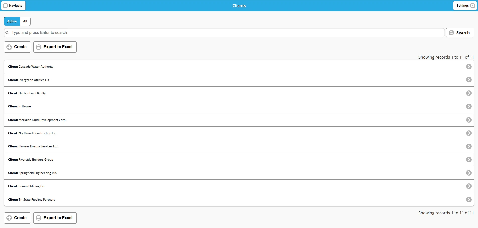 The Clients list on the Active view