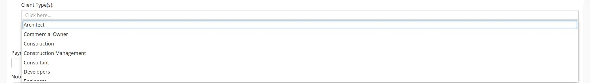 The Client Type(s) picker on the client form with its list open