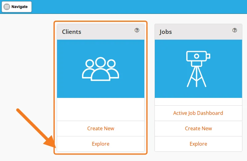The Clients card at the top-left of the dashboard, with Explore marked