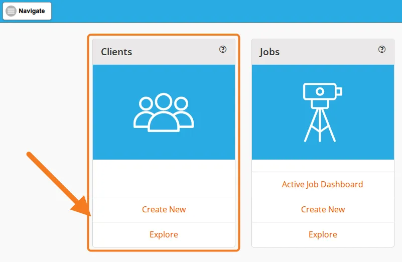 The Clients card at the top-left of the dashboard, with Create New marked