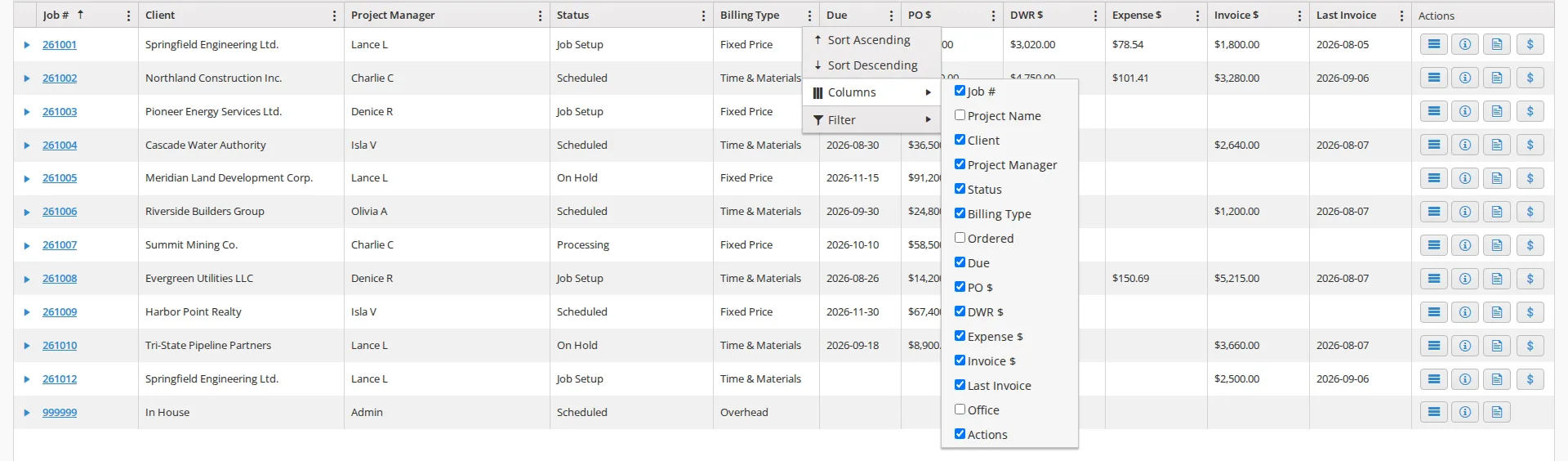 The Columns checklist open on the Active Job Dashboard, with Project Name, Ordered and Office unticked