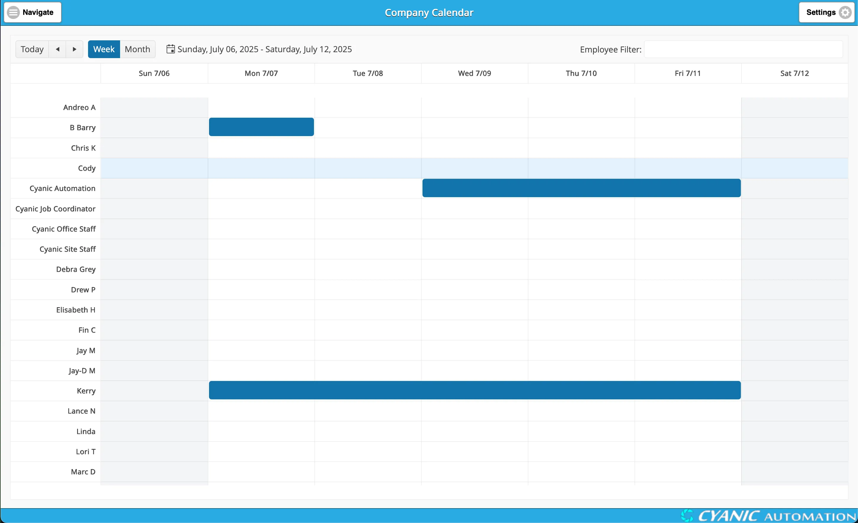 Company Calendar Week View