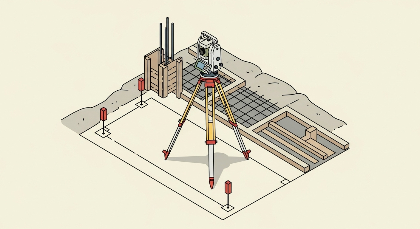 A surveyor using a total station for construction layout on a busy construction site