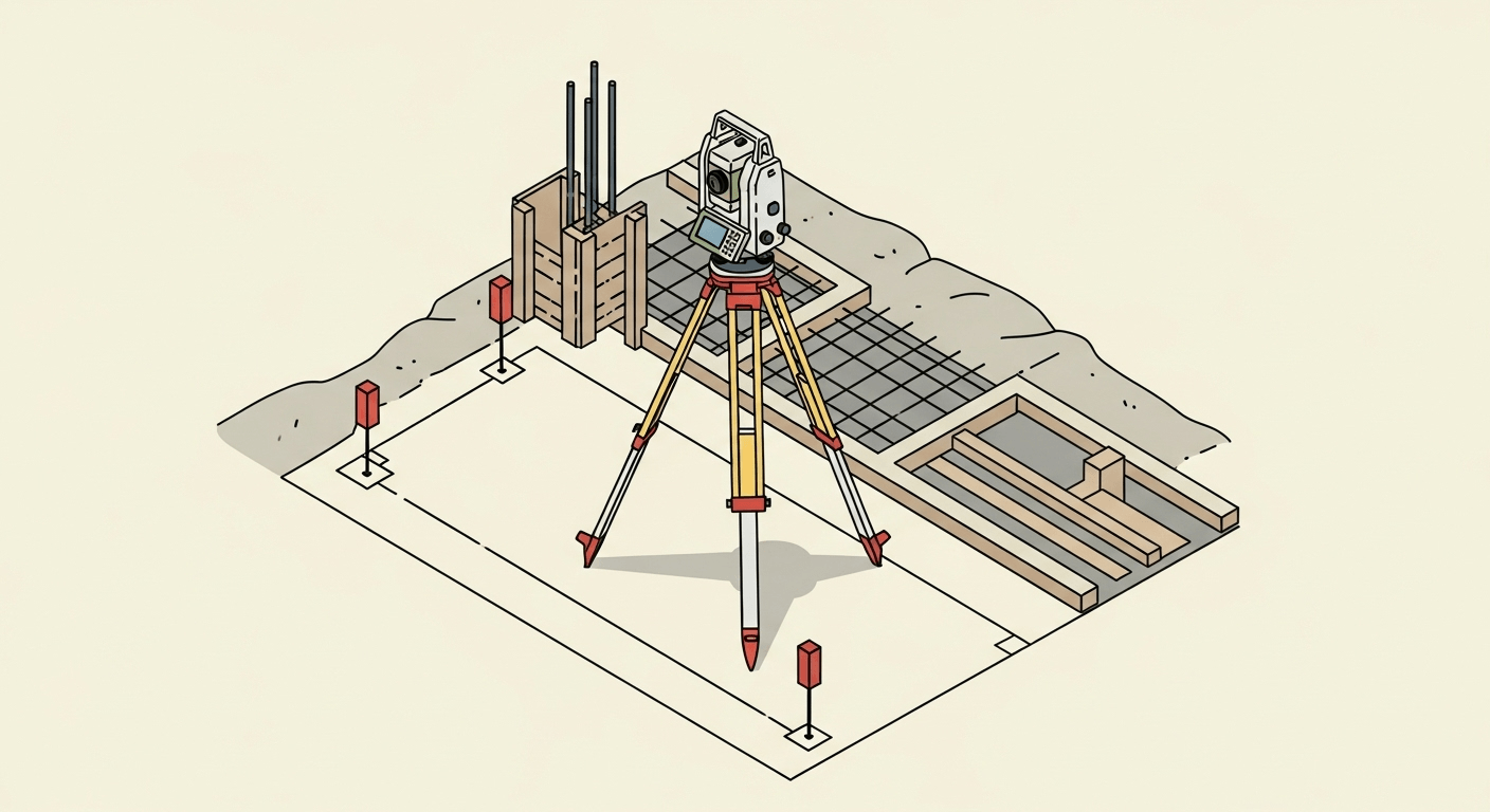 A surveyor using a total station for construction layout on a busy construction site