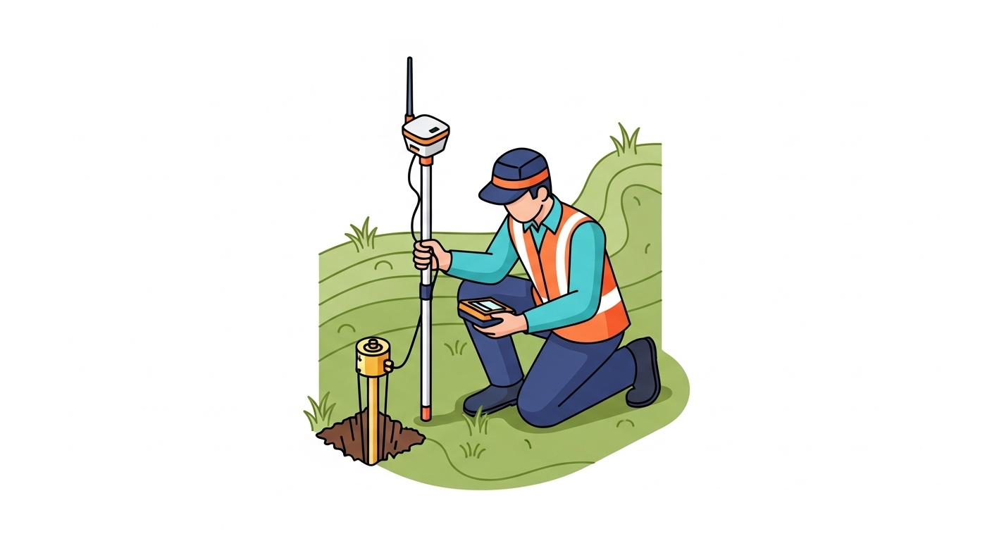 A surveyor setting up a total station on a tripod over a control point.