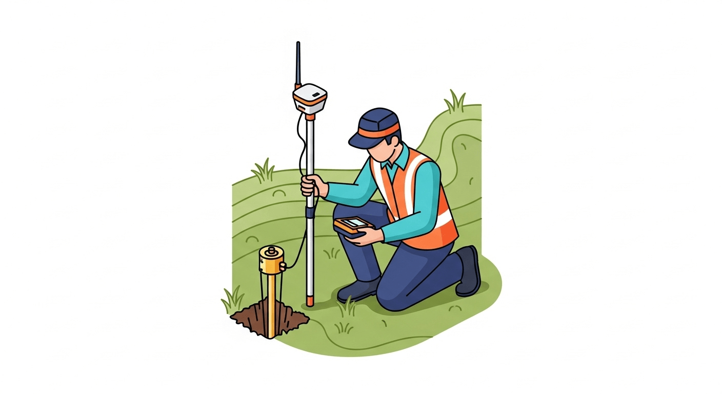 A surveyor setting up a total station on a tripod over a control point.