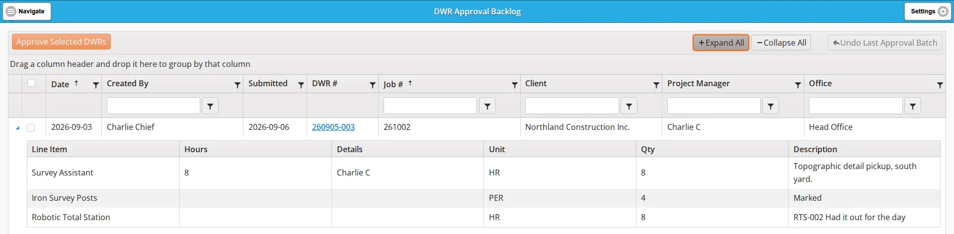 The DWR Approval Backlog with Expand All applied, showing a panel of three line items under the one row: a labour line, a material line and an equipment line