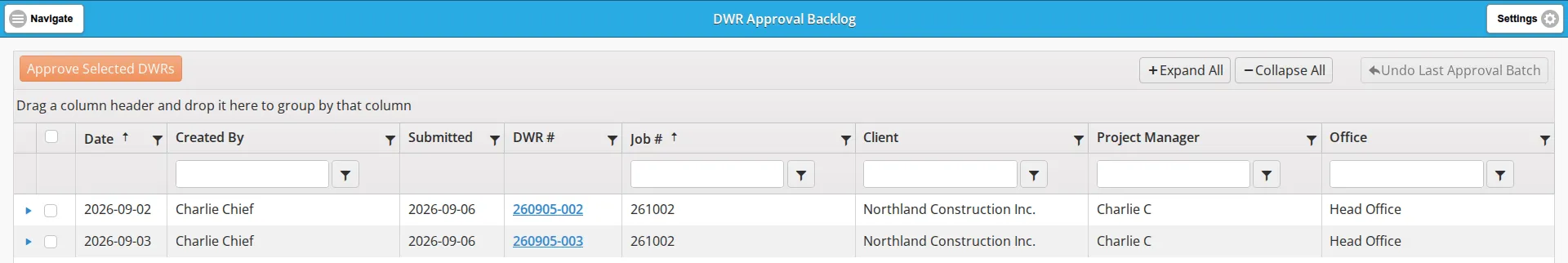 The DWR Approval Backlog with its four buttons, the grouping bar, the eight columns, the quick filter row and two rows