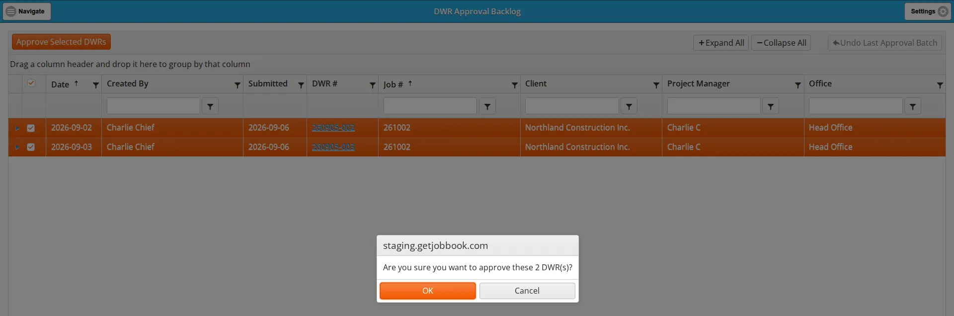 Both rows selected and the approval confirmation dialog open over the backlog