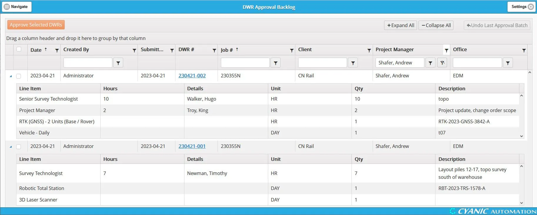 Daily Work Record Approval in Cyanic Job Book