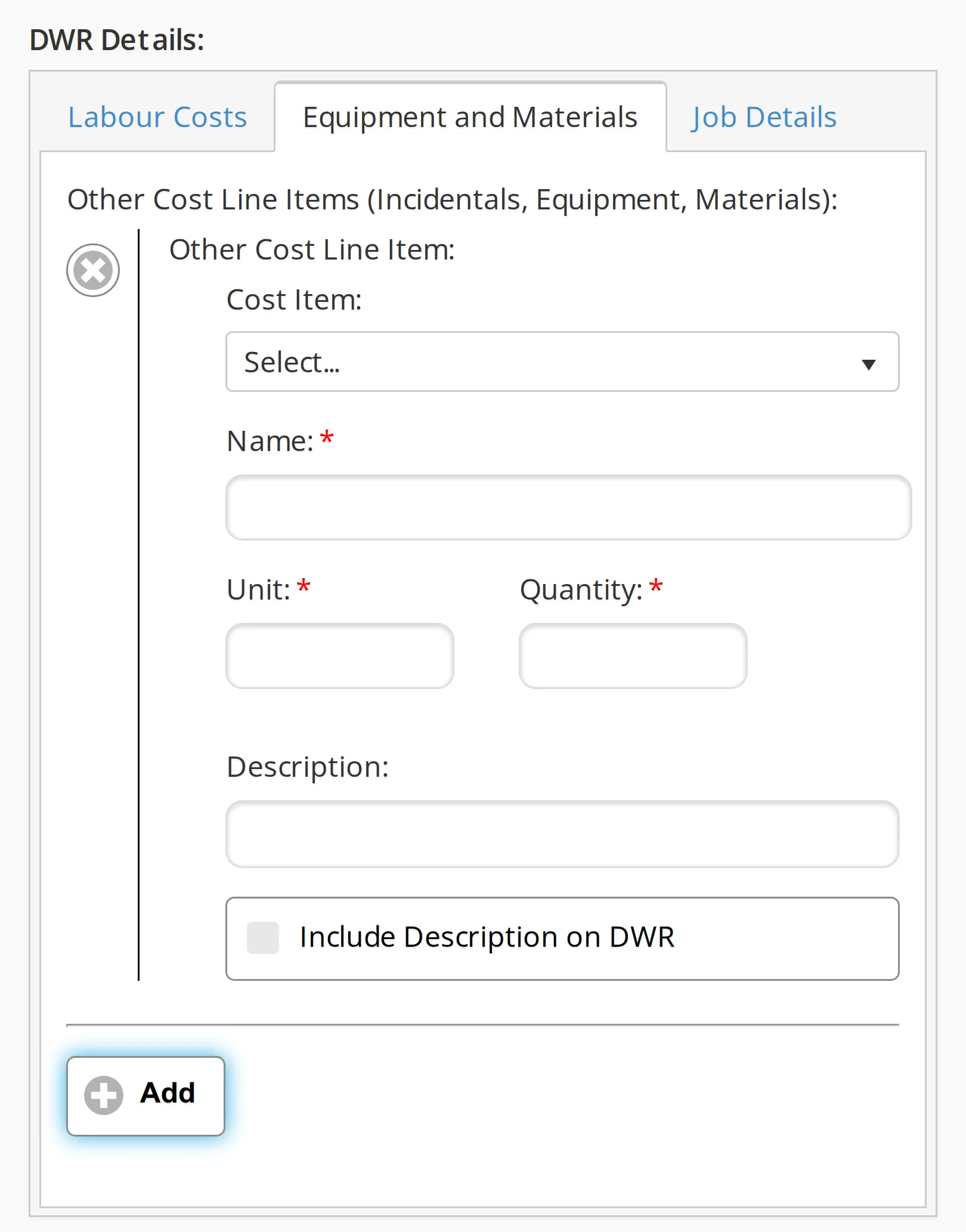 The Equipment and Materials tab of a DWR on a phone with one Other Cost Line Item row open