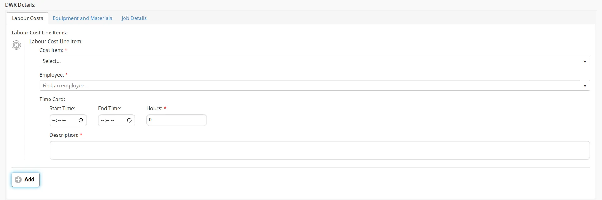 The Labour Costs tab with a Labour Cost Line Item row open
