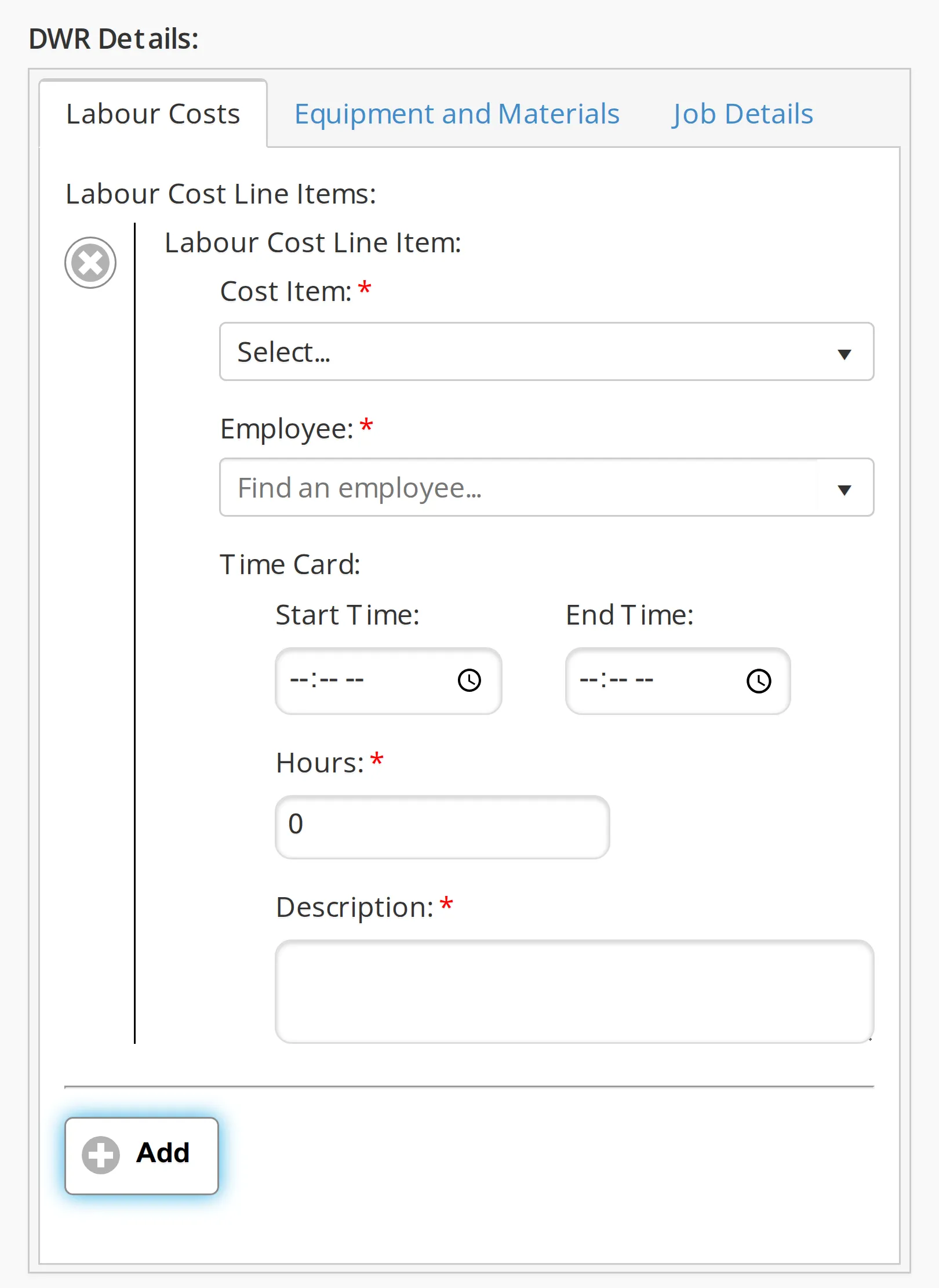 The Labour Costs tab of a DWR on a phone with one Labour Cost Line Item row open