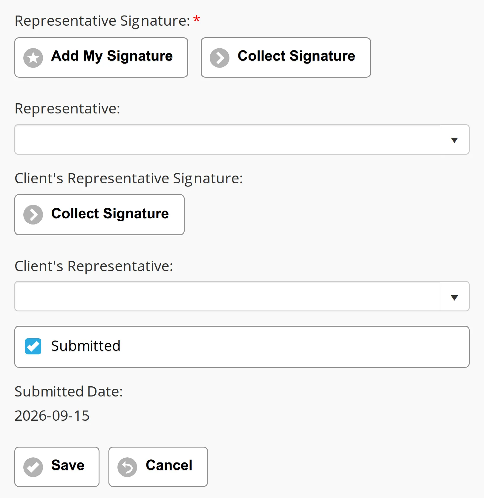 The signature block and the Submitted checkbox at the foot of a DWR on a phone