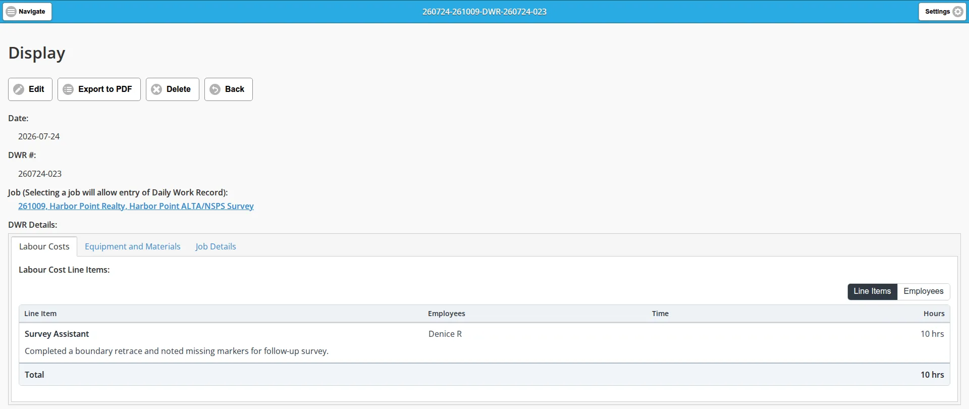 The display view of a submitted DWR, open on the Labour Costs tab