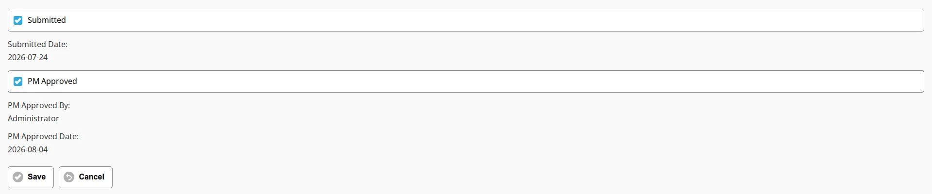 The Submitted and PM Approved checkboxes on the edit view of an approved DWR