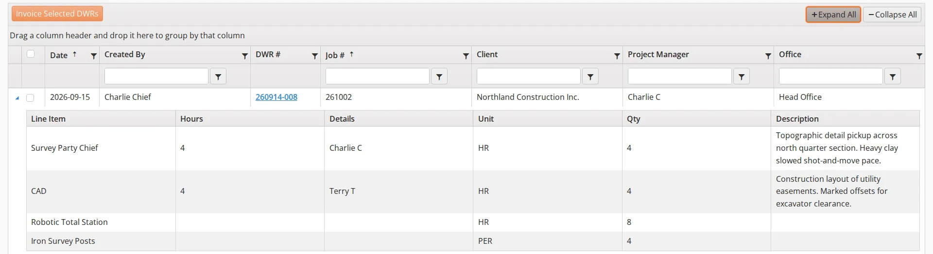 The DWR Invoice Backlog with Expand All applied, each approved DWR open to show its line items