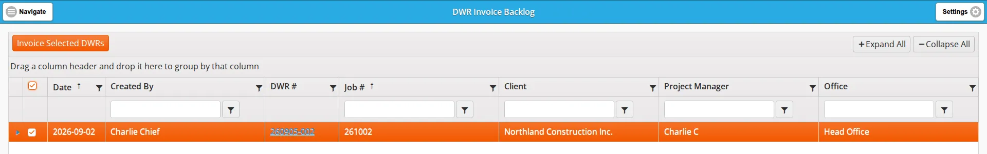 The DWR Invoice Backlog with the header checkbox ticked, the row highlighted and the Invoice Selected DWRs button lit
