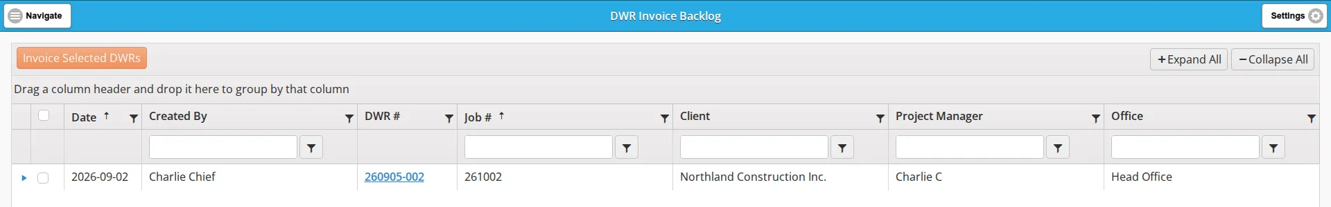 The DWR Invoice Backlog, showing Invoice Selected DWRs, Expand All and Collapse All, the grouping bar, the seven columns and one approved DWR