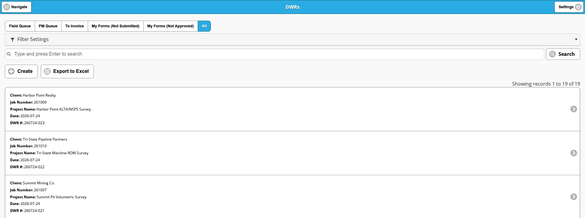 The DWRs list on the All view, showing the six saved views, the toolbar and the first three cards