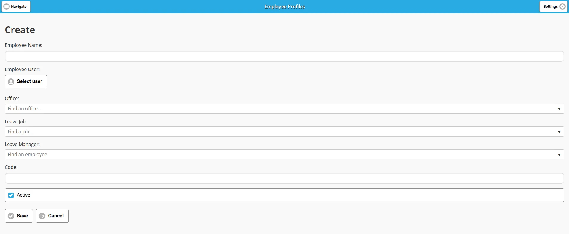 The blank Create form for an employee profile